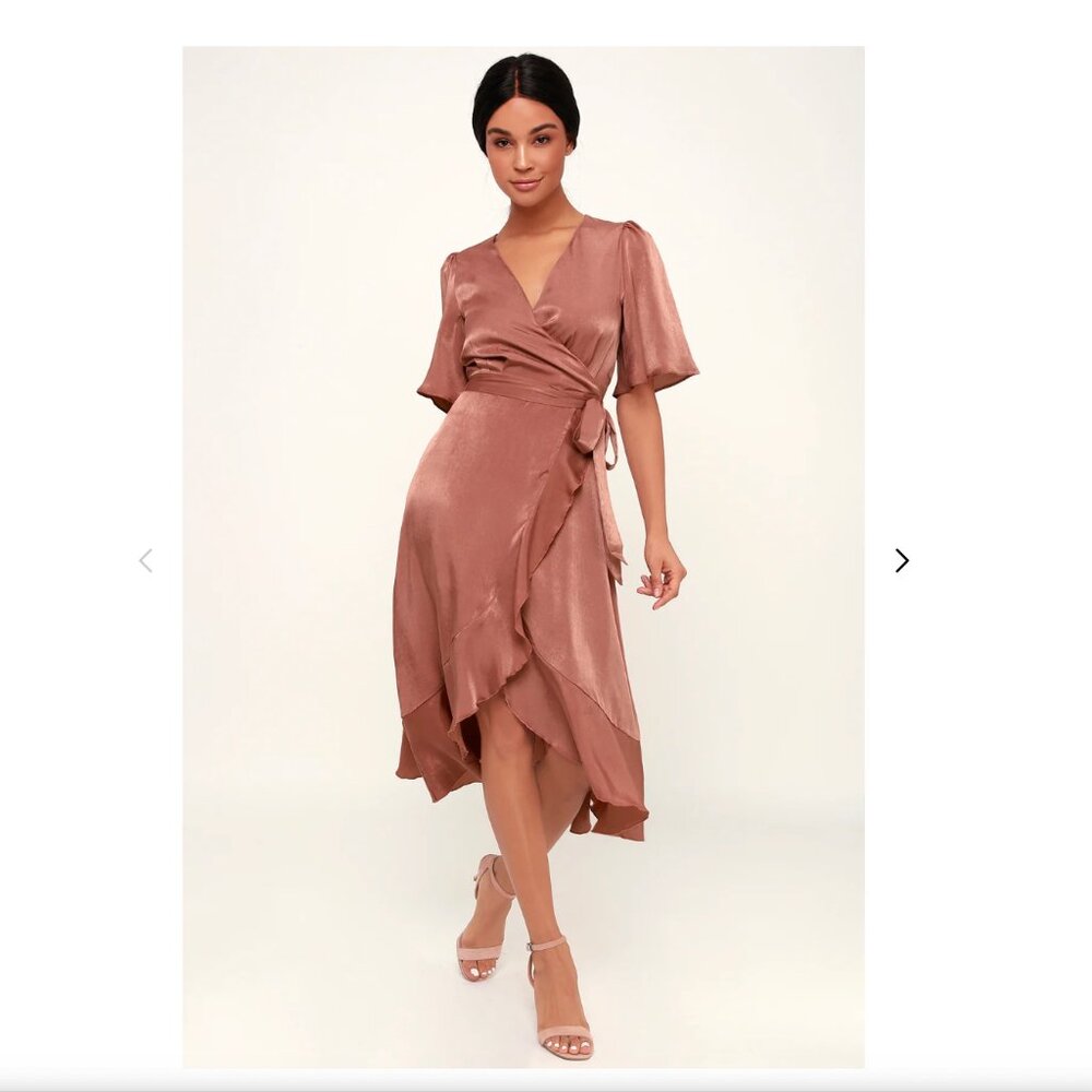 Lulus Mauve Satin Faux-Wrap Midi Dress Size L